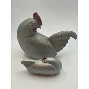 Modernist ART Metal - ROOSTER &‎ CHICKEN SCULPTURES ~~ SIGNED ~~